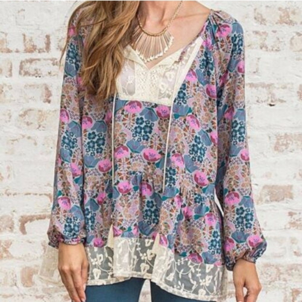 Matilda Jane Sew Perfect Peasant‎ Floral Lace Ruffle Longsleeve Top Size Large